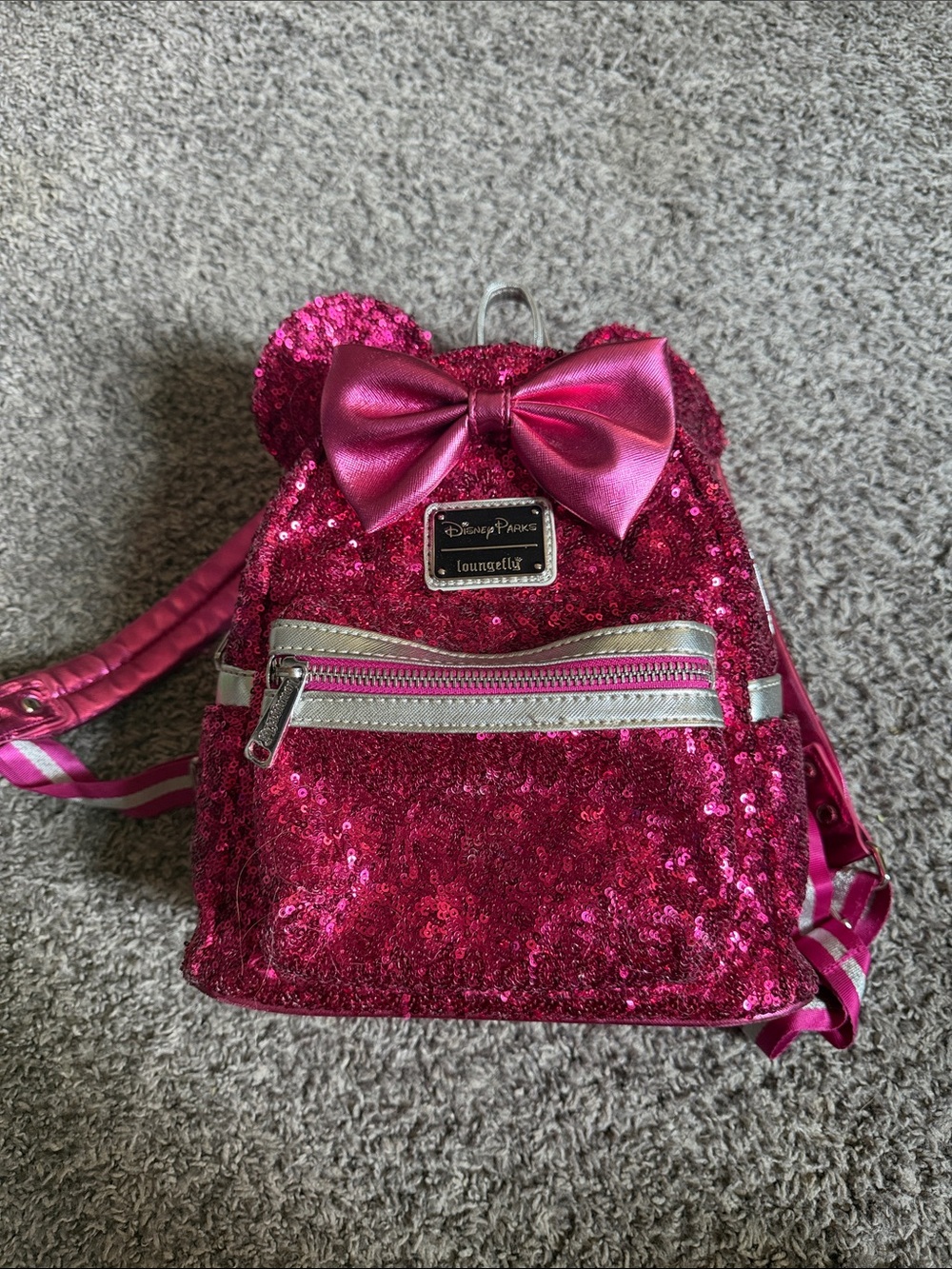Disney Hot Pink Sequin Minnie Bow Mini Backpack Loungefly rare